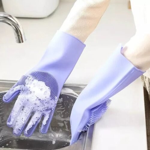 Reusable Silicone Gloves with Built-In Scrubber - Heat Resistant Cleaning Gloves for Dishwashing, Household Tasks, and Car Washing (1 Pair: Right + Left Hand)