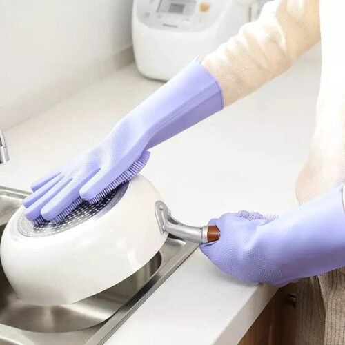 Reusable Silicone Gloves with Built-In Scrubber - Heat Resistant Cleaning Gloves for Dishwashing, Household Tasks, and Car Washing (1 Pair: Right + Left Hand)