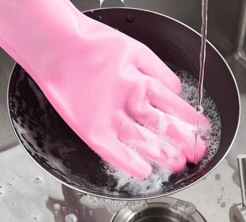 Reusable Silicone Gloves with Built-In Scrubber - Heat Resistant Cleaning Gloves for Dishwashing, Household Tasks, and Car Washing (1 Pair: Right + Left Hand)