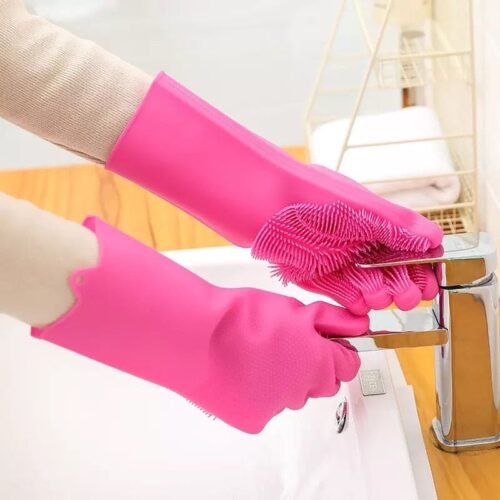 Reusable Silicone Gloves with Built-In Scrubber - Heat Resistant Cleaning Gloves for Dishwashing, Household Tasks, and Car Washing (1 Pair: Right + Left Hand)