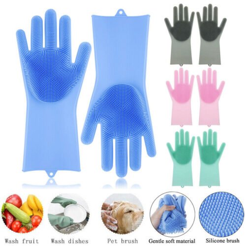 Reusable Silicone Gloves with Built-In Scrubber - Heat Resistant Cleaning Gloves for Dishwashing, Household Tasks, and Car Washing (1 Pair: Right + Left Hand)