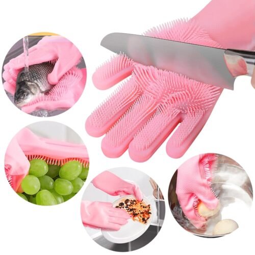 Reusable Silicone Gloves with Built-In Scrubber - Heat Resistant Cleaning Gloves for Dishwashing, Household Tasks, and Car Washing (1 Pair: Right + Left Hand)