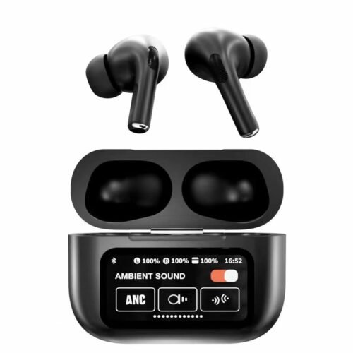 A9 Pro App ANC-ENC Display Touch Control Bt 5.4 Wireless Earbuds With Zwsvibe App Black