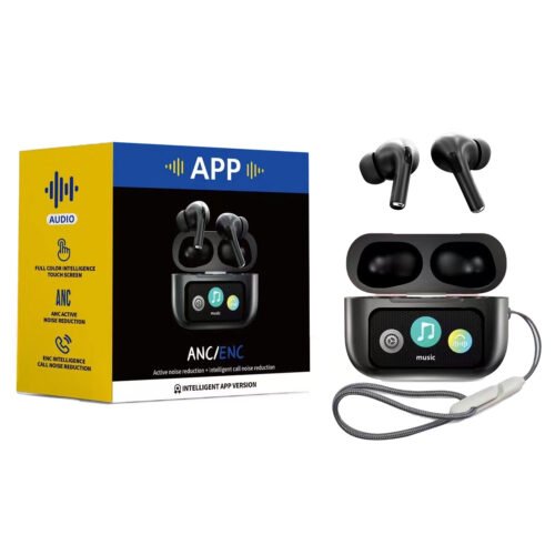 A9 Pro App ANC-ENC Display Touch Control Bt 5.4 Wireless Earbuds With Zwsvibe App Black